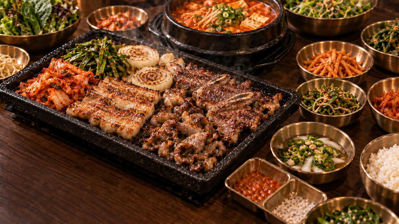 A full Korean barbecue table with pork, beef, stew, and banchan.