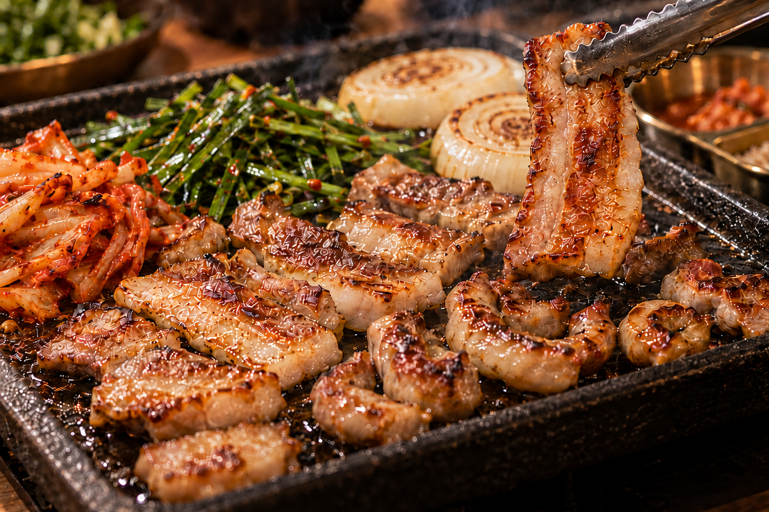 Pork belly lifted from a sizzling grill