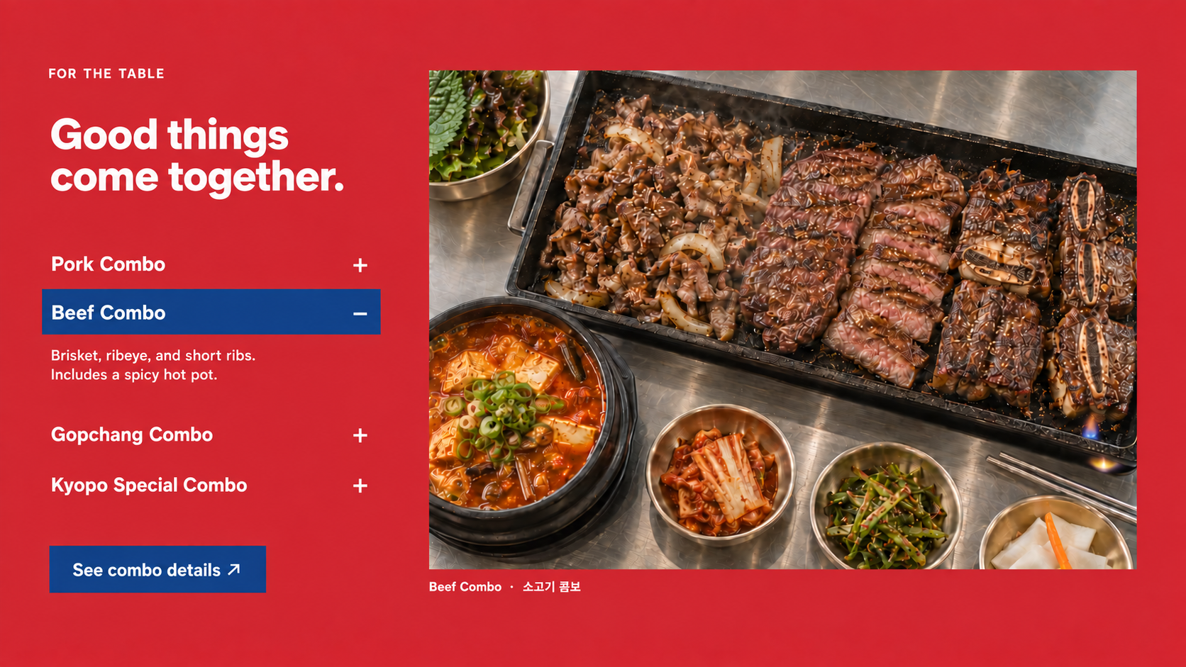 A beef combo with barbecue, spicy hot pot, and banchan.